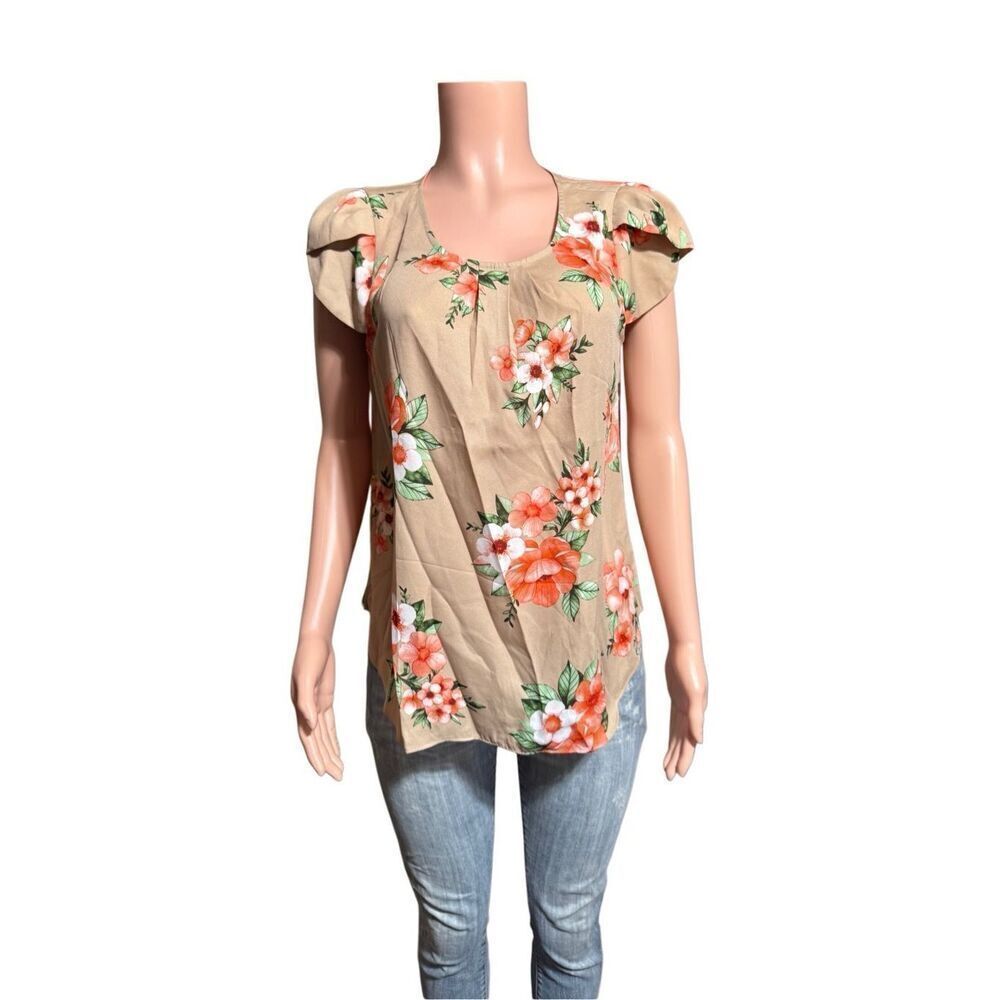 Dna couture women's crew neck floral tiered short ruffle sleeve blouse size L
